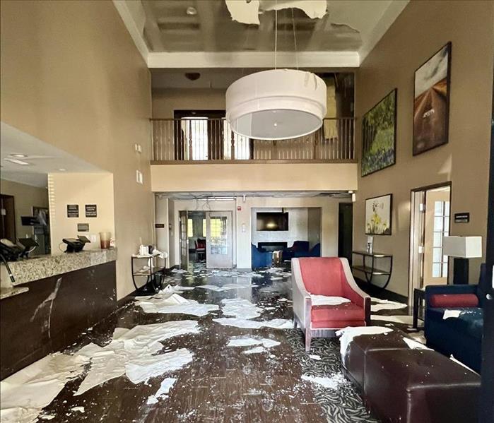 hotel lobby with water damage from sprinkler system 